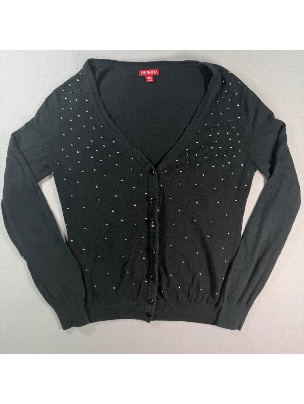 Merona Studded Cardigan Sweater Black Rhinestone Button Front Womens M